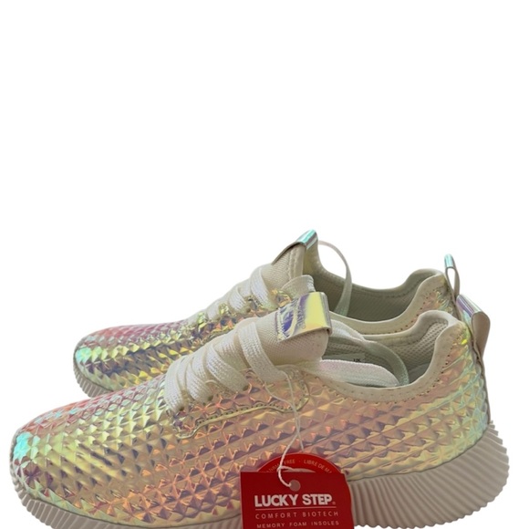 NWT Lucky Step Metallic Pink Holographic Vegan Sneakers pyramid studs SZ 7 - Picture 6 of 15